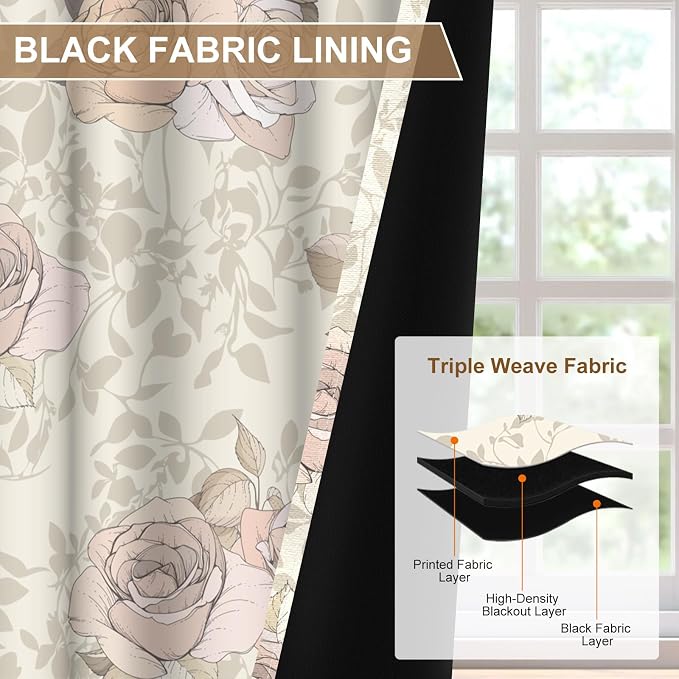 Floral Blackout Curtains for Bedroom and Living Room, Beige Roses Room Darkening Black Out Curtains 84 Inch Long 2 Panels Set, Farmhouse Light Filtering Soundproof Thermal Curtains with Rope Tiebacks