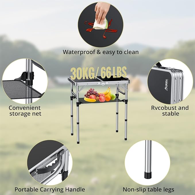 Anbte 2ft Folding Camping Table with Storage Net, 3 Adjustable Heights Small Folding Table Portable & Lightweight with Carry Handle, for Camping Fishing Picnic Beach Outdoor, 22.8"x 15.7", Silver