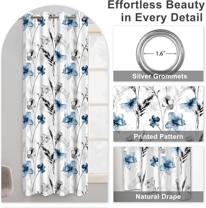 Watercolor Blue Floral Blackout Curtains for Bedroom and Living Room, Grommet Light Filtering Black Out Window Curtains 63 Inch Long 2 Panel Sets, Room Darkening Thermal Curtains for Winter Insulated