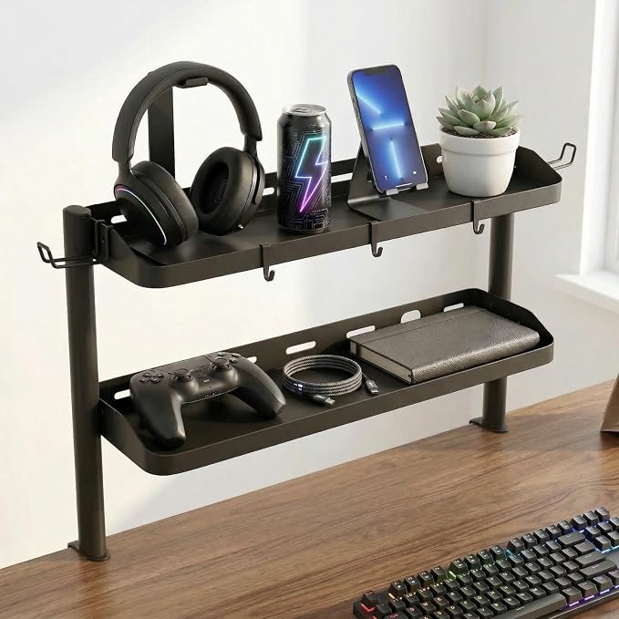 Clamp on Desk Shelf, 24in 2-Tier Office Desk Shelves Organizer, Shelf for Top of Desk with Headphone Holder and Hooks, Desktop Storage Rack for Home Workspace, Study Rooms, Gaming Accessories
