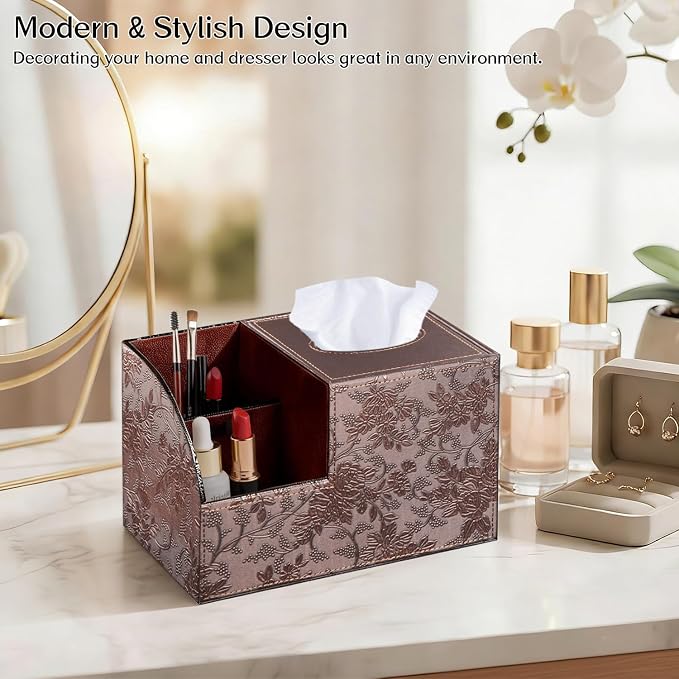 Square Tissue Box Cover with Storage, PU Leather Facial Cube Tissue Holder | TV Remote Control Holder, Desk Accessories Nightstand Organizer, Modern Table Caddy for Bathroom, Bedroom, Home, Office Decor