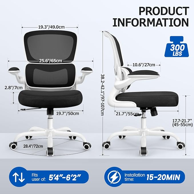 ALLGOD Office Chair Ergonomic Desk Chair, Breathable Mesh Desk Chair Comfy with Lumbar Support, Flip-up Armrests, Computer Chairs Comfortable for Home, Office, Work, Standard, 300Lbs