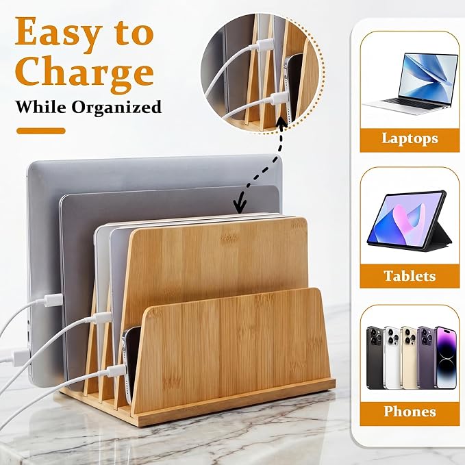 Unittype Bamboo Multi Device Organizer, 5 Slots Vertical Laptop Storage Rack, Computer Charging Station for Smartphones, Tablets and Laptops, Space Saving Organizer for Home Office