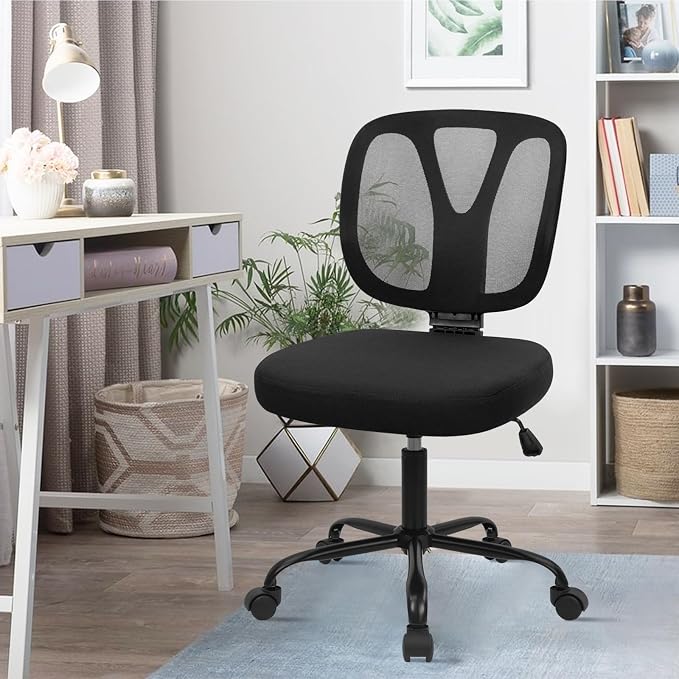 CLATINA Armless Home Office Chair, 360° Swivel Rolling Desk Chair with Lumbar Support and Wheels, Adjustable Height Mesh Back Small Ergonomic Computer Task Chair for Conference Waiting, Black