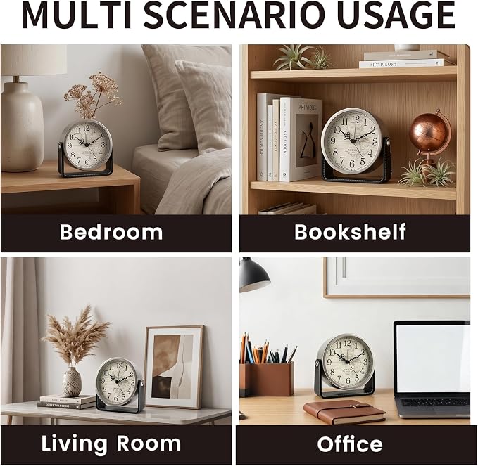 Analog Alarm Clock - 4.5" Silent Non Ticking Small Clock with Light, Rotatable Stand Metal Desk Clock Battery Operated, Simple Design for Living Room Decor/ Bedroom/Bedside/Shelf (Silver & Black)