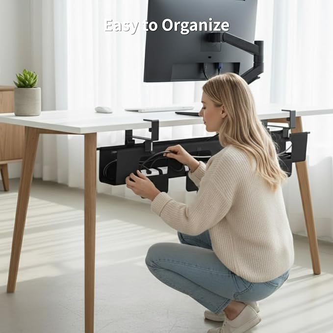 No Drill Under Desk Cable Management Tray, 47.5” Fabric Clamp Mount | Cord Organizer for Table, Heavy Duty Wire Management for Office Home, Black