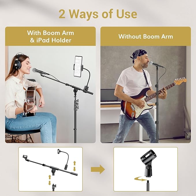 TONOR Microphone Stand with Tablet Holder, Tripod Boom Arm for Floor, Adjustable Height and Angle, Heavy Duty Stand with Carrying Bag, Smartphone and Pad Clamp, Excellent Compatibility, T35