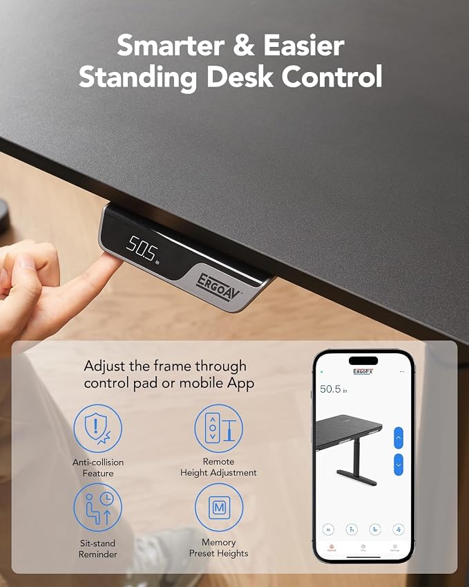 ErgoAV 3-Stage Dual Motor Electric Standing Desk Frame with Smart App Control, Height Adjustable Sit Stand Desk Legs with Coiled Power Cable & Cable Management Tray, Anti-Collision, Frame Only, Black