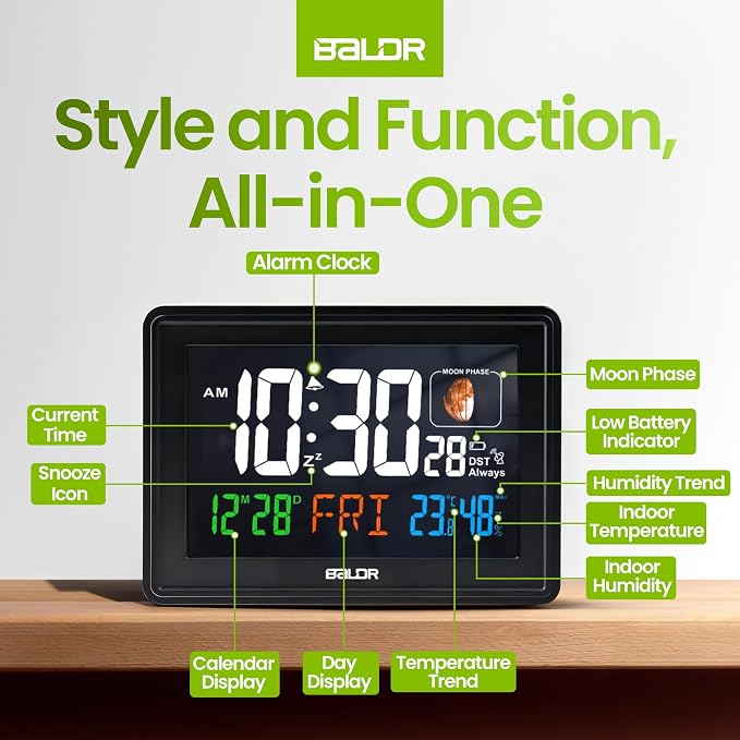 Baldr Digital Alarm Atomic Clock, 7'' Display with Adjustable Brightness | Large Desk Clock Indoor Temperature, Humidity & Moon Phase for Living Room Bedroom, Adapter Powered, Black