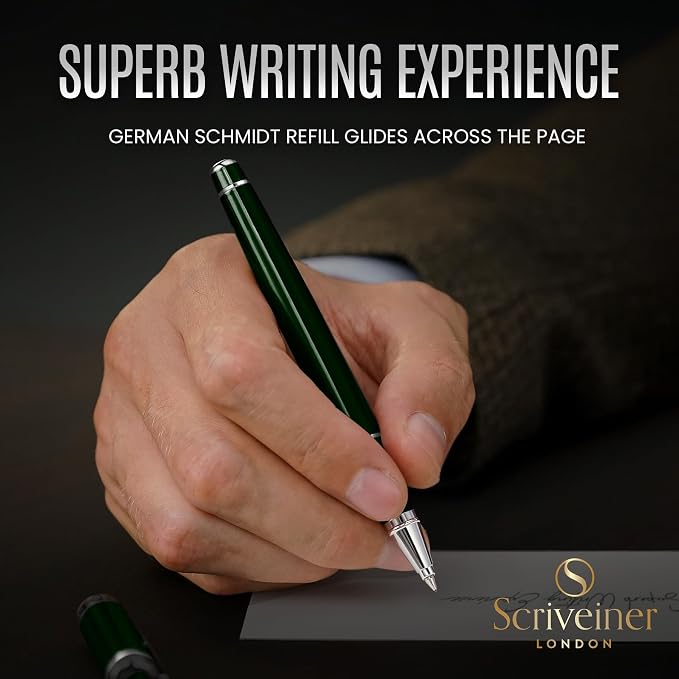 Scriveiner British Racing Green Rollerball - Stunning Luxury Pen With Chrome Finish, Schmidt Ink Refill, Best Roller Ball Pen Gift Set for Men & Women, Professional, Executive Office, Nice Pens