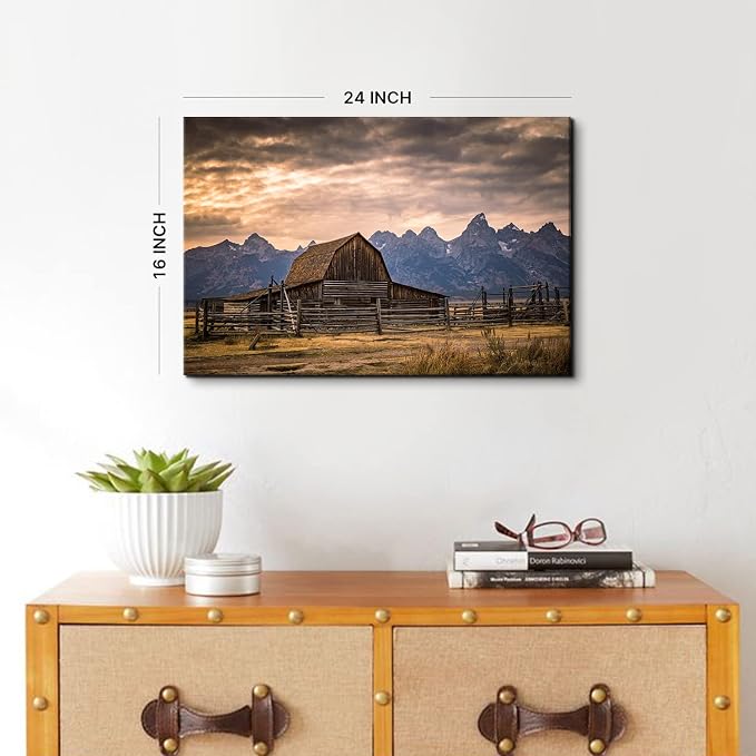 Grand Teton National Park Canvas Wall Art Sunset Moulton Barn Landscape Wall Decor, Wyoming Nature Mountains Scenery Picture Artwork Painting Decoration for Home Living Room Bedroom Kitchen 16x24"