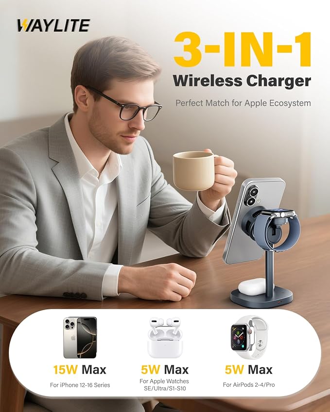 3 in 1 Wireless Charging Station for Apple MagSafe Charger Stand,15W Qi2 Fast Phone and Watch Charger with TEC Cooling, Magnetic Wireless Charger for iPhone17 16 15 14 13, Apple Watch, AirPods, Ashy