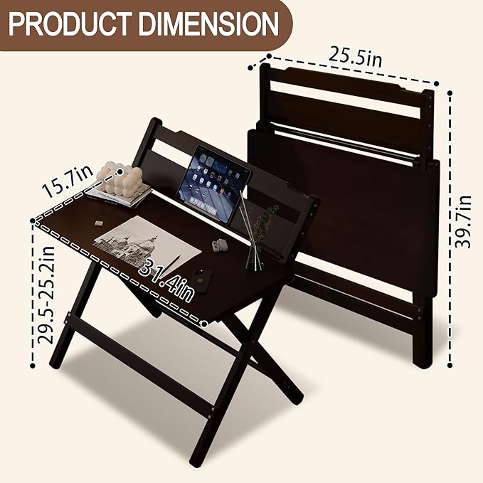 Bamboo Foldable Desk, 31" Portable Oversized Desk with 3 Adjustable Heights, Home Office Computer Desk with Reading Shelf, Perfect Furniture for Living Room & Bedroom, No Assembly (Walnut)