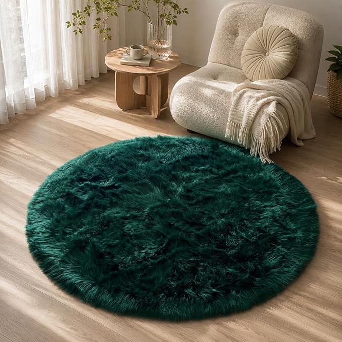 EasyJoy Faux Sheepskin Rug, Fluffy Faux Fur Rug, Ultra Soft Shag Area Rug with Non-Slip Backing for Bedroom, Living Room, Nursery, Kids Room (4 x 4 ft Round, Dark Green)