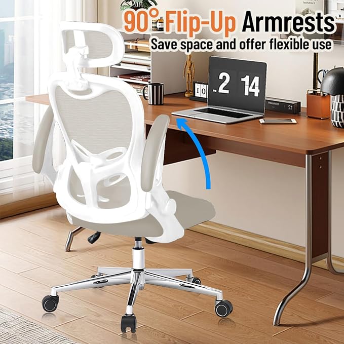 Office Chair, Ergonomic Breathable Mesh Chair,Flip-Up Arms and Adjustable High Back Lumbar Support,Comfy Computer Chair for Home Office (Beige, 407)