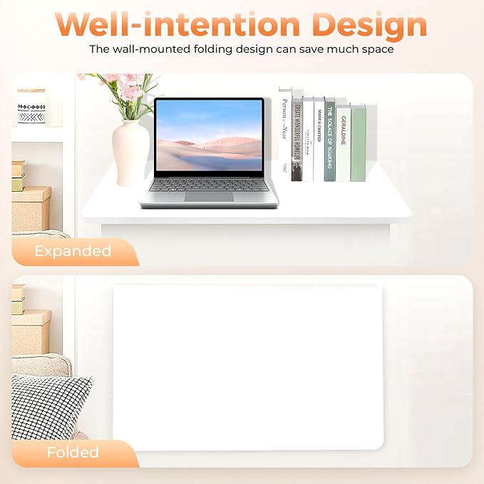 Folding Wall-Mounted Drop-Leaf Table, 23.62 * 15.74in Home Office Foldable Writing Tables, Wooden Floating Desk, Space Saving Laptop Desk, Sturdy Hanging Table for Apartment, Study, Bedroom