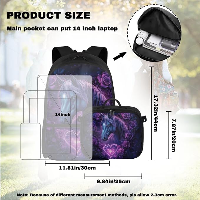 Doojoayie Horse Backpack for Girls with Lunch Box 3D Animals Print Bookbag for Teen Girls Primary School Backpack for Kids Back to School Bags as Gifts for 1st Grade Student