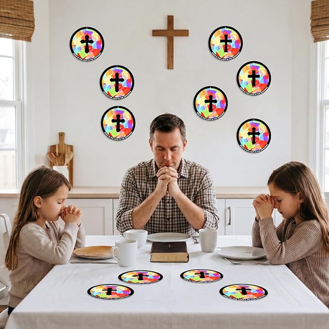 48PCS Sunday School VBS Crafts Bulk: Paper Cross Nativity Suncatchers, Jesus Religious Christian Activity DIY Kits Church Decorations, Window Stained Glass Effect Art Supplies(Round Shape)