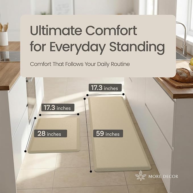 Anti Fatigue Kitchen Mats for Floor | Padded Kitchen Rugs | Non Slip, Cushioned Standing Desk Mat | Waterproof Floor Mat | 17.3" x 28" x 0.47" & 17.3" x 59" x 0.47", Beige, 2-Pack | More Décor