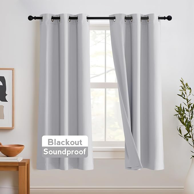 RYB HOME 3-in-1 Noise - Blackout - Thermal Insulation Small Window Curtains 63 inch, Inside Detachable Felt Liner 84 inch Curtains Window Drape for Bedroom, Sliver Grey, W42 x L63 in, 1 Pair