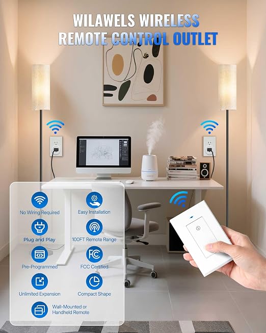 Remote Control Outlet WILAWELS Wireless Light Switch, 2 Pack Expandable and Removable Remote Outlet Switches for Christmas Light, Lamp, Appliance, FCC Listed, 1 Controller for 2 Outlets W05RC1206