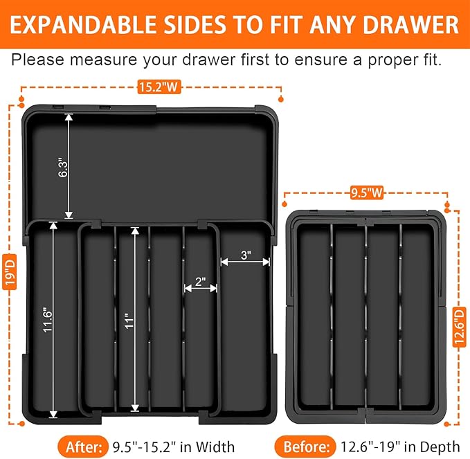 Silverware Organizer - Expandable Kitchen Drawer Organizer, Utensil Drawer Organizer, Adjustable Plastic Flatware and Cutlery Holder, Kitchen Organizers Storage for Forks Knives, Black