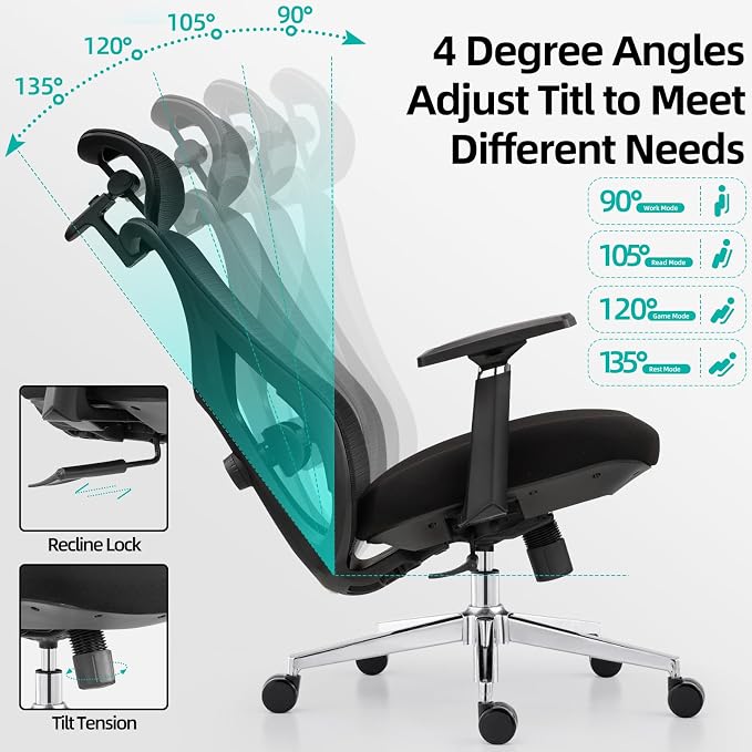 LAIAN Premium Ergonomic Office Chair, Big and Tall Heavy Duty Desk Chair with 3D Adjustable Armrests, Breathable Mesh Back Computer Chair, 2D Lumbar Support&3D Headrest&4-Position Recline 400lbs Black