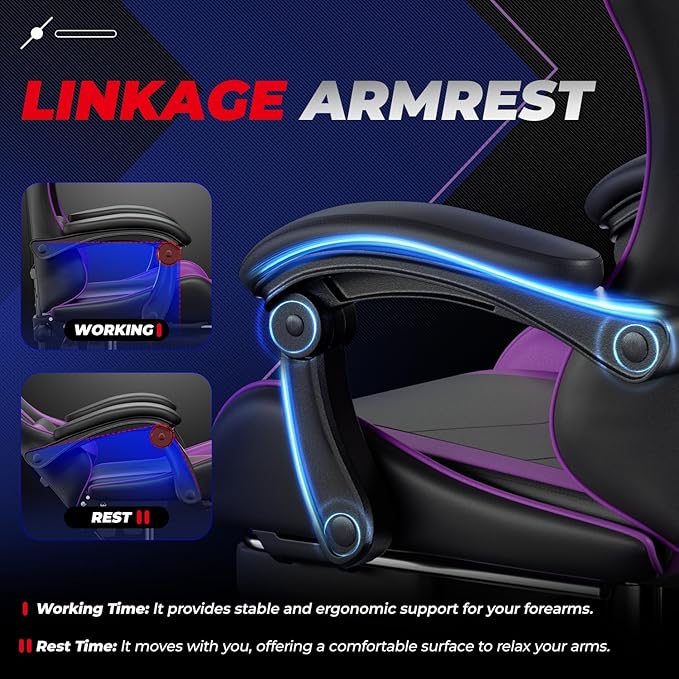 Auto Dynasty Ergonomic Gaming Chair, High-Back Office Chair w/Adjustable Lumbar Support, Linkage Armrest, Headrest & Footrest, 350LBS Recliner Swivel Computer Game Racing Chair, Purple/Black