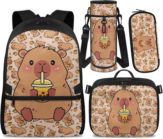 Doojoayie Kawaii Capybara School Backpack for Girls with Lunch Box Complete Set Cute Backpacks for Girls 9-10 Fashion Backpack with Multiple Compartments for Preschool Kindergarten