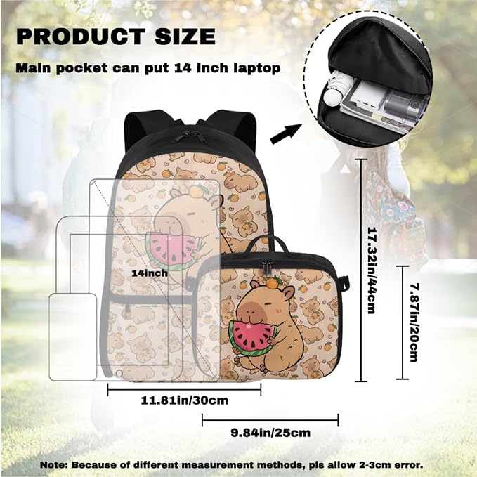 Doojoayie Capybara Backpack Lunchbox Set for Girls Watermelon School Bags for Girls 7-10 Large Capacity Backpack with Padded Wide Shoulder Straps for Elementary School