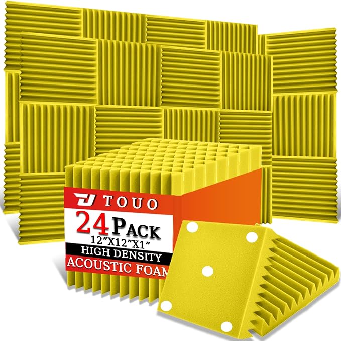 24 Pack Acoustic Panels – Sound Proof Foam Panels for Wall 12"x12"x1", Flame Retardant Wedge Acoustic Foam, High-Density Sound Absorbing Panels for Home Studio(Yellow, 1" Thick 24 Pack)