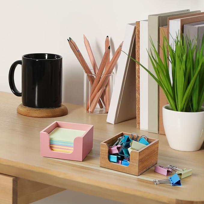 Wood Sticky Note Holder, 3 x 3 Inch Post It Note Dispenser for Office Desk Accessories, Self Stick Note Pad Holder, Memo Pad Holder Dispenser Organizer for School Office Desk Supplies, Pink