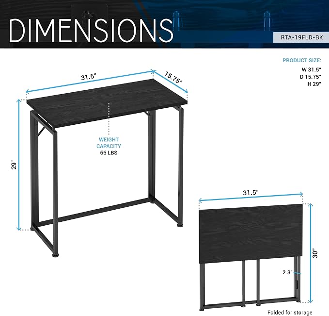 32" Wide Folding Desk for Small Spaces, Compact Folding Table for Bedroom, Apartment, Study or Dorm Ideal for Living Room TV Dinners, Side Table Use, Laptop Desk, No Assembly Required, Black