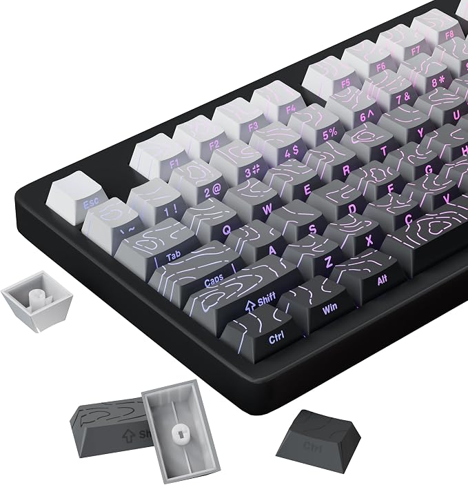 FunHub Shine Through PBT Keycaps - Black Double Shot Side Printed Backlit Keycaps Set 133 Keys 60% 65% 75% 100% Cherry Profile,Gradient Topographic Custom Key Caps for MX Switch Gaming Keyboards
