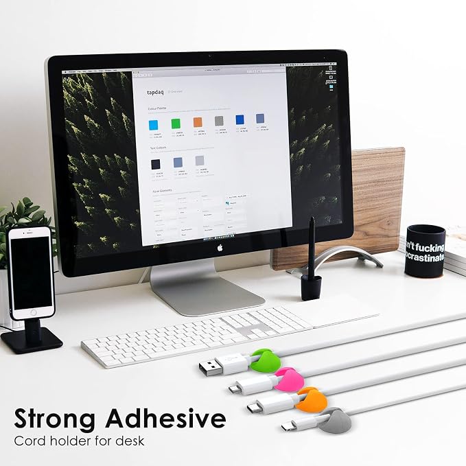 12 Pack Cable Clips, Adhesive Cord Organizer Holder for Desk Colorful | Removable, Strong Adhesion, Leave No Trace, Cable Management for Car Cubicle Nightstand, Home Office Essentials