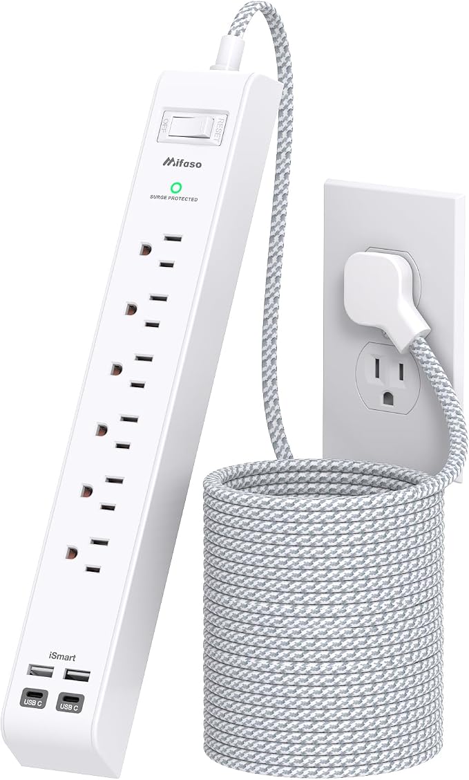 Surge Protector Power Strip 25FT, 10-in-1 with 6 AC Outlets 4 USB Ports(2 USB-C), Ultra Flat Plug Braided Extension Cord, Wall Mountable, 1080J Surge Protection, ETL Listed, White