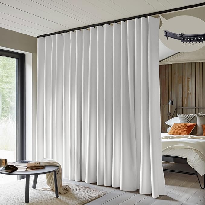 MaKefeile Room Divider Curtains with Flexible Ceiling Curtain Tracks Set,100% Blackout Floor to Ceiling Curtains Patio Sliding Door Curtains (White Drape & Black Rail W 15 × H 8 FT)
