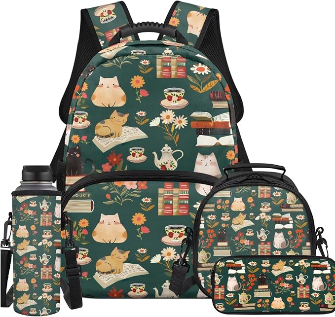 Ystardream Funny Cat Book Backpack for Teen Girls Backpack with Matching Lunch Bag & Pencil Case for Kids Teens Children Elementary Middle School Student,Waterproof Bookbags School Bag Set