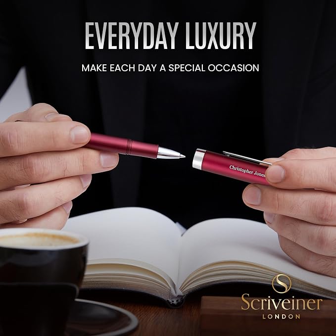 Scriveiner Personalized Red Rollerball EDC Pen, Stunning Pocket Pen with Chrome Finish, Cool Writing Pen, Best Pen Gift, Best Engraved Roller Ball Gift Set for Men & Women, Custom Name Engraving