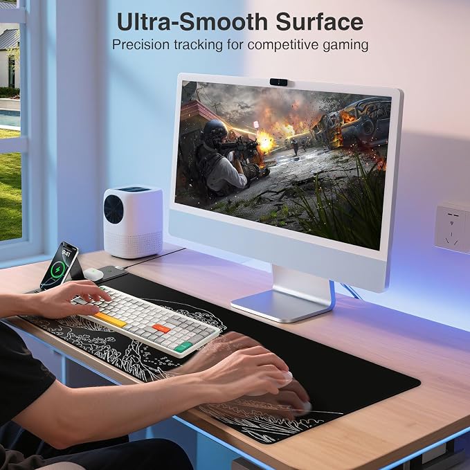 Wireless Charging Mouse Pad with Phone Holder, 31.5"x15.8" in, Black Wave | Large Desk Mat for Laptop/Keyboard, Waterproof Ultra-Smooth Surface, Non-Slip Base