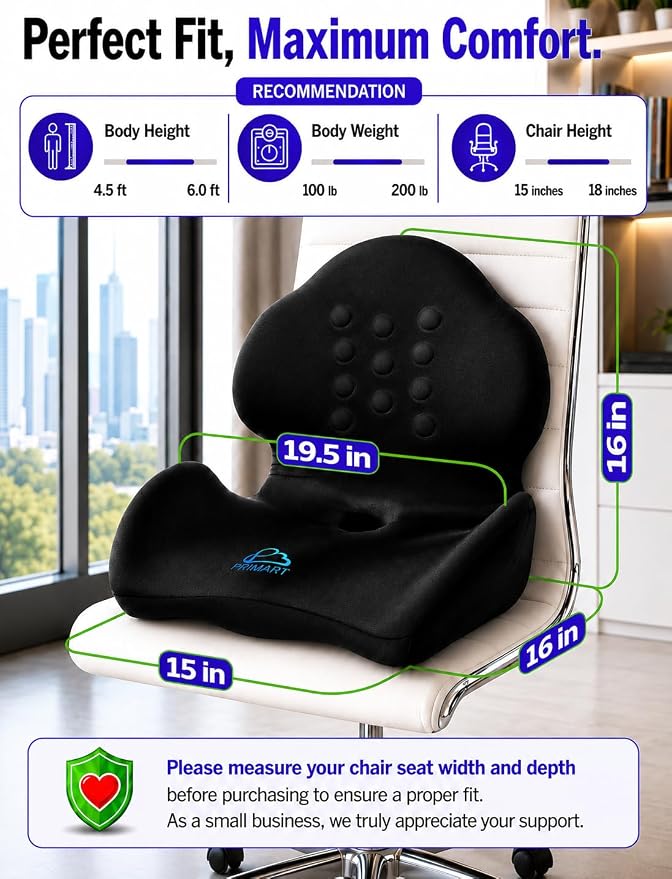 Memory Foam Seat Cushion with Back Support, Lumbar Support Pillow for Office Chair, One Piece Memory FoamChair Cushion for Sciatica, Tailbone Pain Relief, Coccyx Pad for Wheelchair, Car, Home, Office