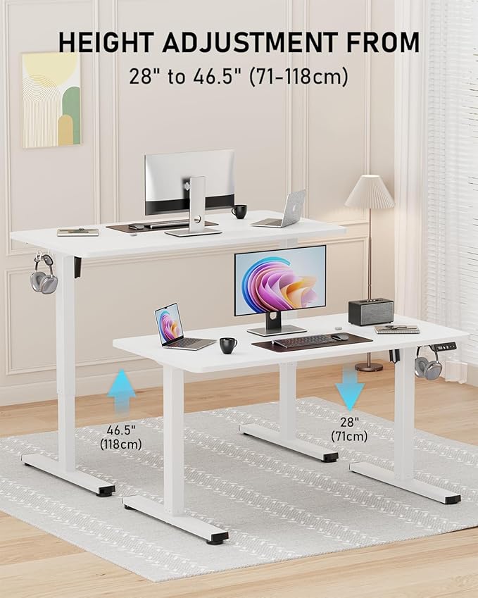 40" Electric Standing Desk Adjustable Height, Sit Stand up Desk for Home Office & Computer Workstation, 2 Memory Height Settings, Splice Board, 2 Hooks, White Frame/White Top