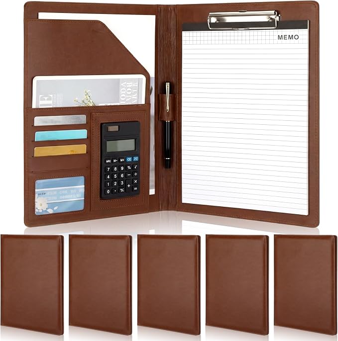 Fuyoooo 6 Pcs Bulk Professional Padfolio with Clipboard Leather Portfolio Folder Binder Legal Pad Holder for A4 Letter Size Notepad Resume Ideal Organizer for Business Office Conference (Brown)
