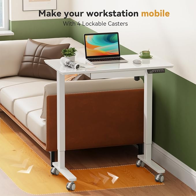 Gibbon Mounts 35” White Glass Standing Desk Height Adjustable with Drawer | Electric One-Piece Rising Whiteboard Table on Lockable Wheels, Mobile Small Rolling Laptop Cart for Work, Drawing, Crafting