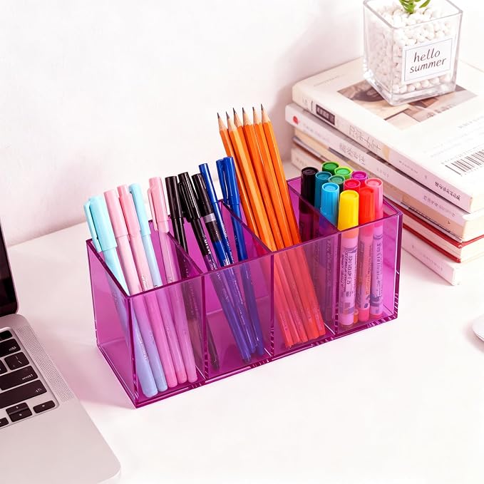Pen Holder for Desk Neon Acrylic Pencil Holder Cup Makeup Brush Storage Organizer for Vanity, Purple