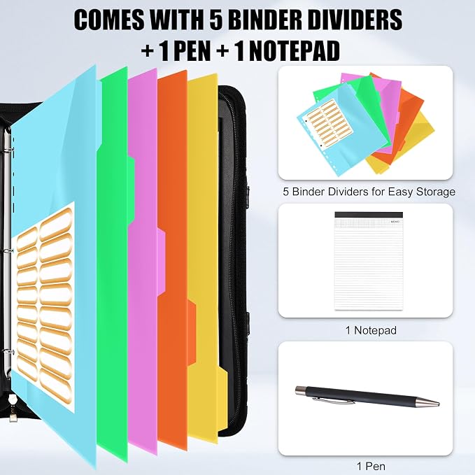 Portfolio Binder 3 Ring Includes Pen and 5 Dividers with 10 Pockets, Padfolio Organizer with Magnetic Handle for Men and Women, Includes A4 Notepad for Business, School, Work