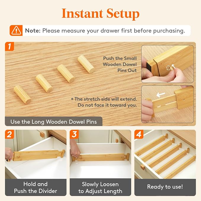 Lifewit 2.4" High 8 Pack Bamboo Drawer Dividers 45-55cm/17.5-22" Adjustable Wooden Drawer Organizer for Clothes/Utensils, Expandable Drawer Separator for Dresser/Kitchen/Bedroom/Office Organization