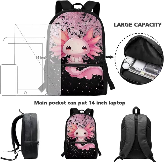 WELLFLYHOM Girls Axolotl School Backpack with Lunch Box, Pink 17 Inch Cherry Blossom 4PCS Backpack Set for Elementary Kids 6-11, Reduce Shoulder Pressure for Child, Back to School Supplies