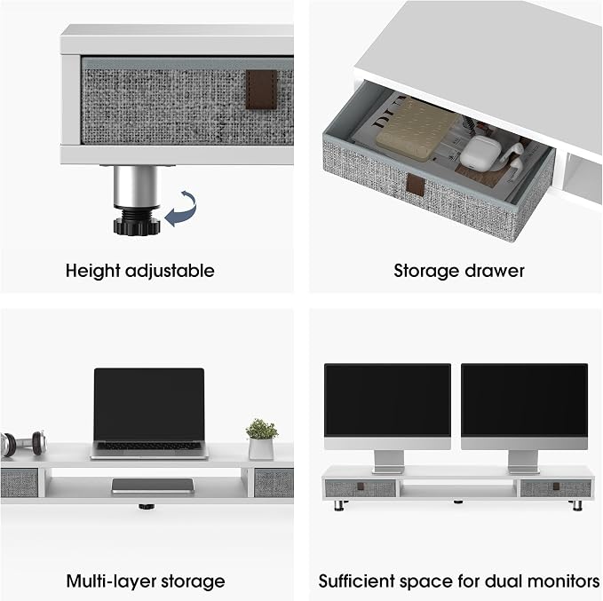 Fenge Dual Monitor Stand, 2-Tier Desk Organizer with Drawers, 42.5in, White | Storage Fabric Drawer, Ergonomic Height Adjustable, Desk Shelf for Top of Desk, Laptop, PC, TV, Home Office Organization
