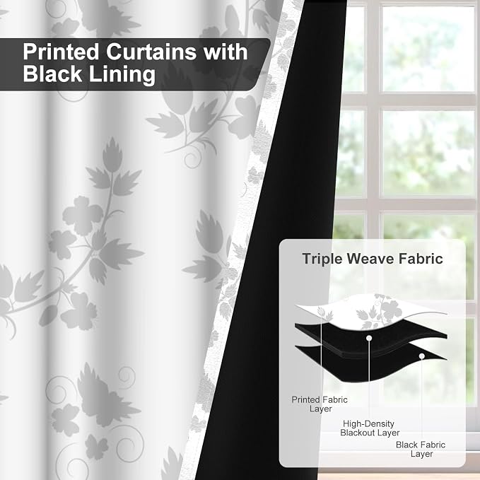 White Blackout Curtains 84 Inch Length 2 Panels Set, Light Grey Floral Thermal Insulated Window Black Out Bedroom Curtains, Soundproof Room Darkening Blackout Curtains for Bedroom and Living Room